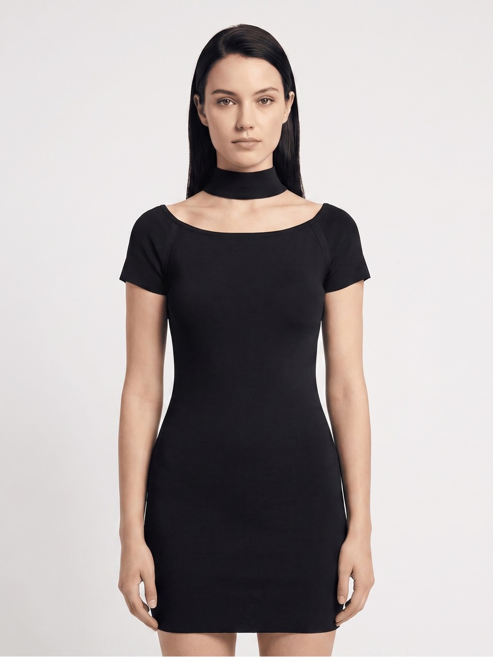 Marciano Black Short Sleeve Mini Dress with Choker Neck